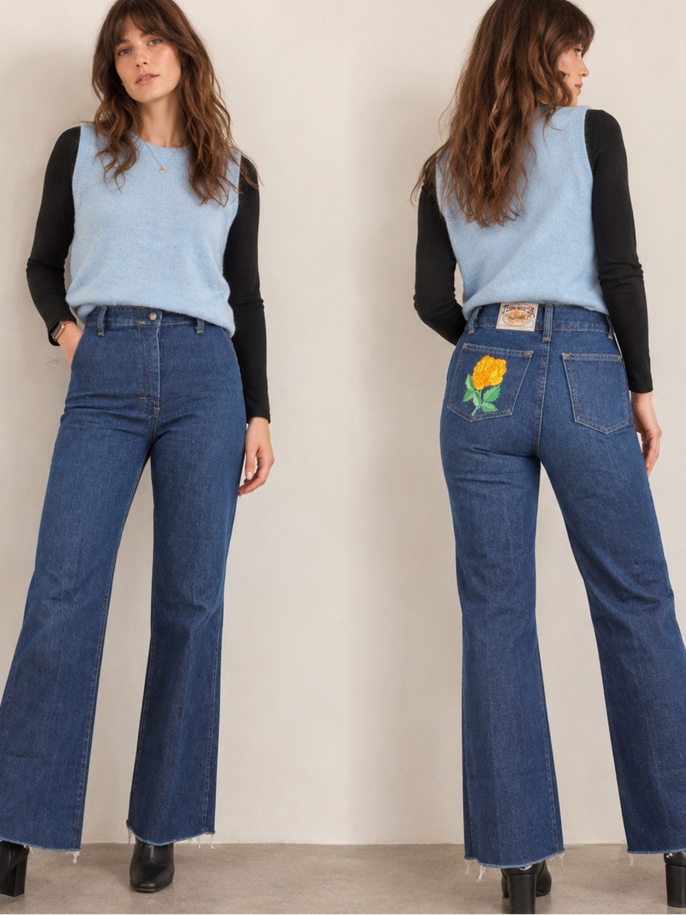 Vtg 1978-83 Action West Embroidered Rose High Rise Wide Leg Western Jeans Sz 4